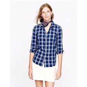 J.CREW Women's Navy Blue Plaid Button-Down Long Sleeve Shirt